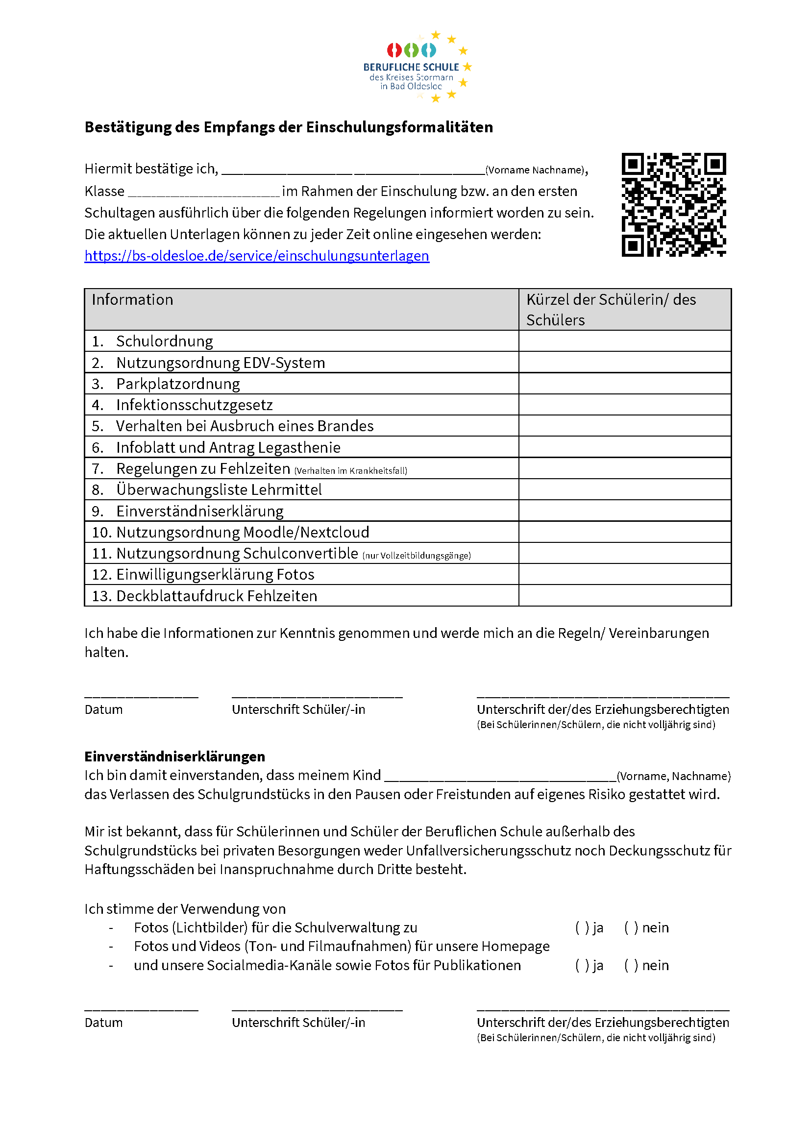 Einschulungsunterlagen